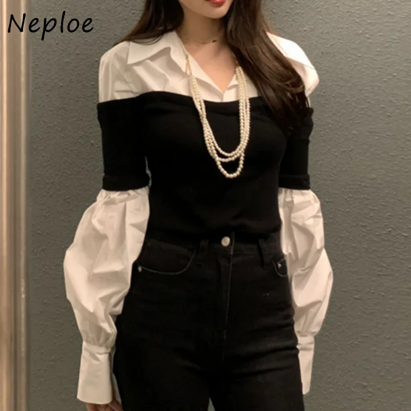 Neploe Turn Down Collar Fake Two Piece Blouses Long Sleeve Contrast Color Patchwork Shirts Vintage Blusas Mujer De Moda 2024