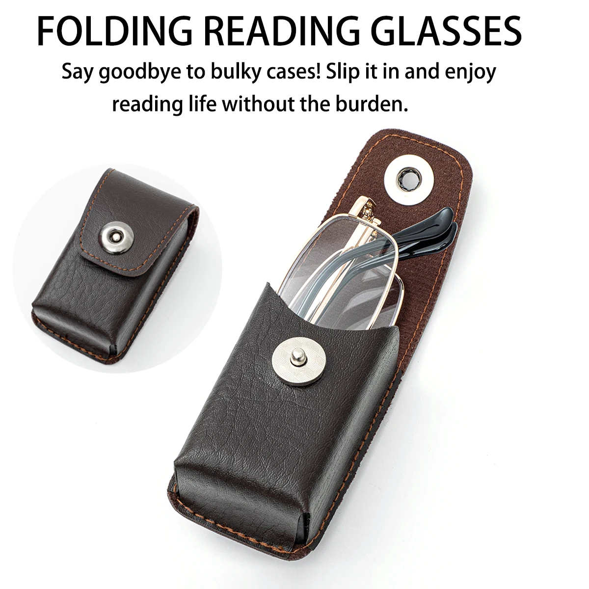 Zusammenklappbare Lesebrille aus Metall, mit klaren Gläsern, leicht und kompakt, leicht zu tragen, mit einem Lesebrillenetui aus Leder, geeignet für Männer und Frauen.