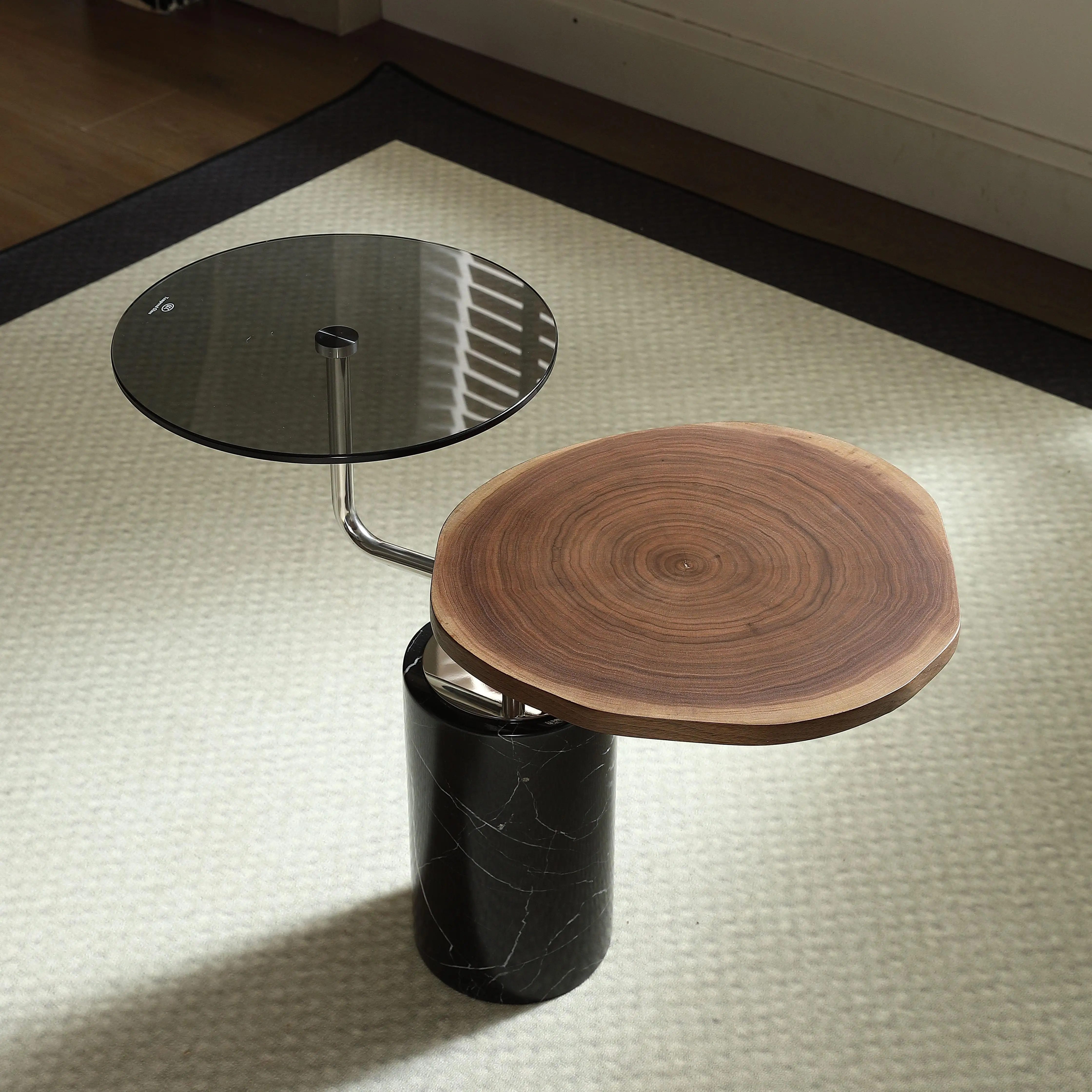 xc-Italian Antique Side Table Round Glass Wooden Top Small End Table Marble Base  Living Room Home Furniture Sofa Side Table#
