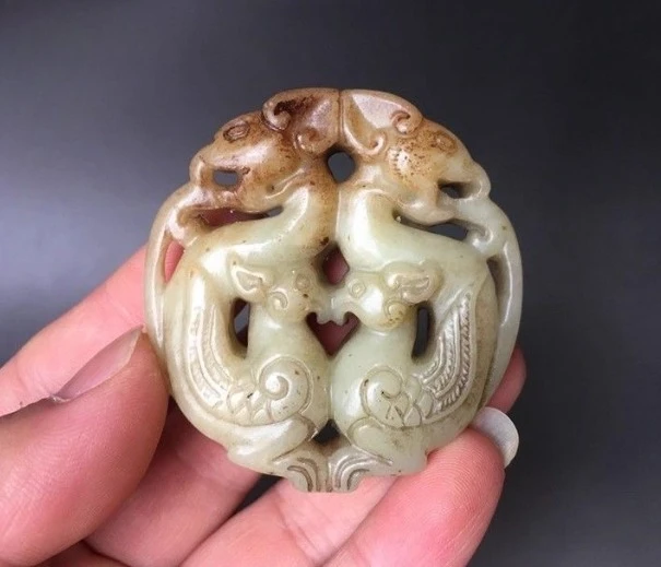 Chinese Two-sided Hollow Out Carved Xiuyu Auspicious Beast Jade Pendant
