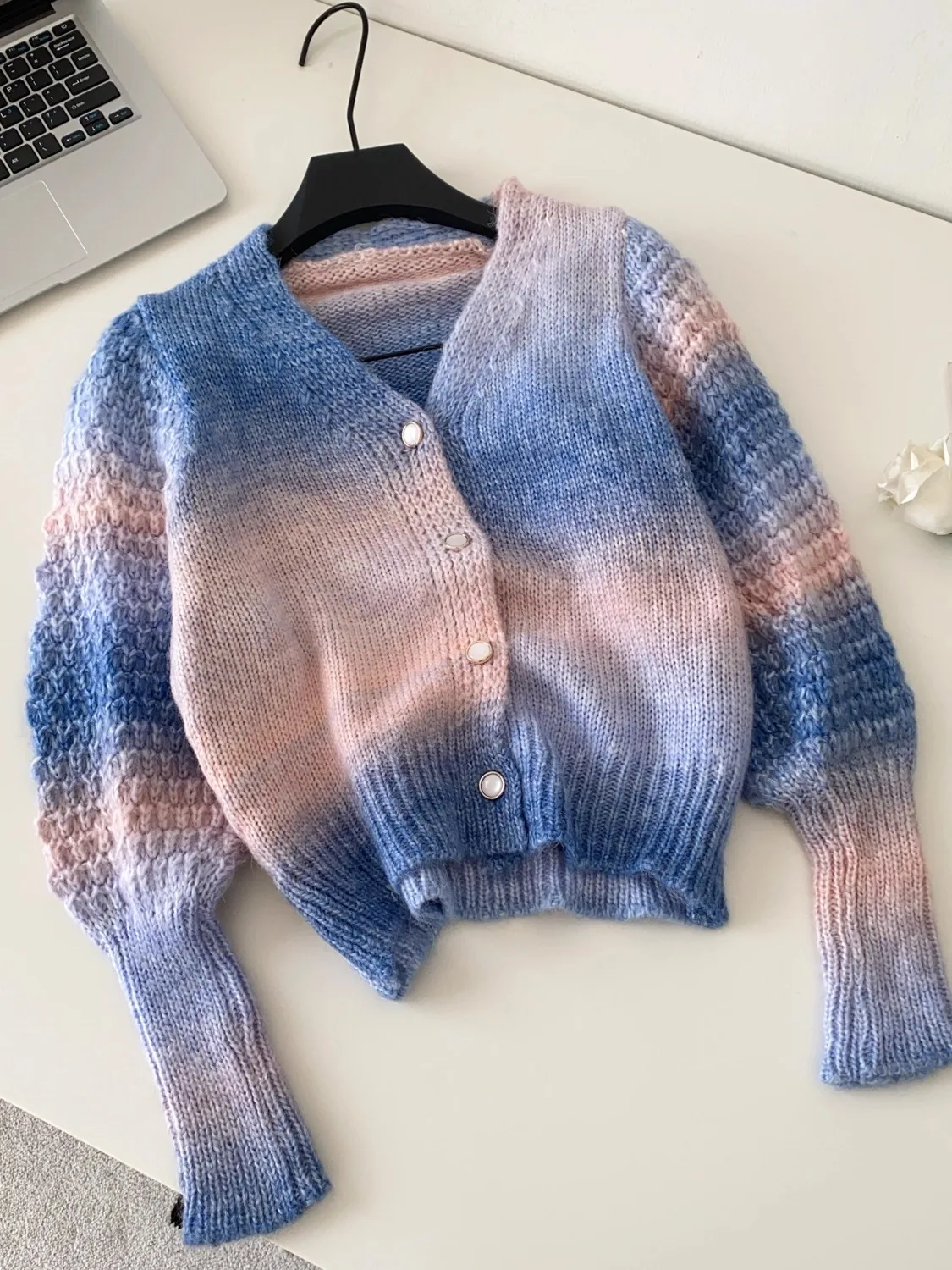 Women Pink Plaid Cardigan 2000s Vintage Korean Style Jumper Knit Long Sleeves O-Neck Cropped Checked Cashmere Sweater For Women