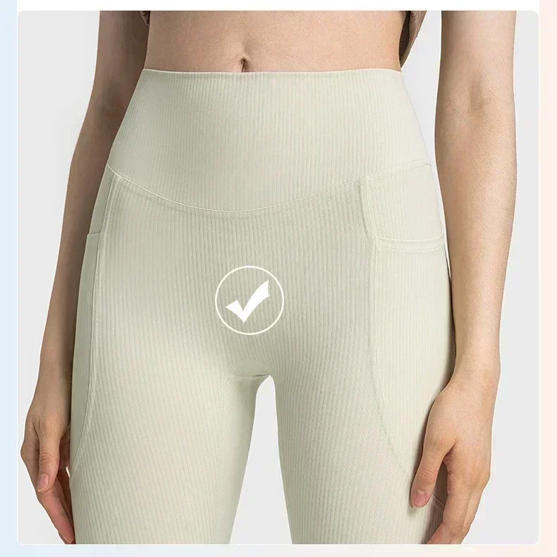 Lemon-mallas de tela acanalada para mujer, pantalones de cintura alta con bolsillos, mallas deportivas para gimnasio, correr, Yoga, trotar al aire libre