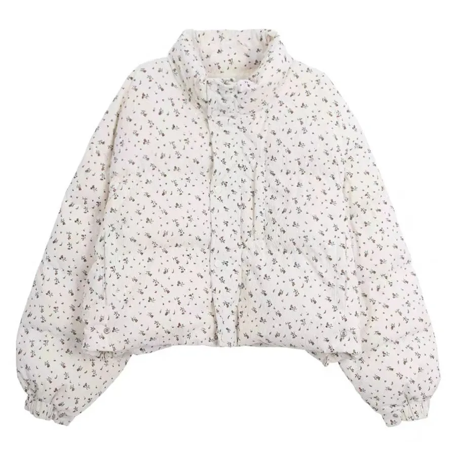 Floral Print Short Thickened Cotton Jacket Winter Warm Korean Style College Wind Coat Women's Fashion Outerwear Coat