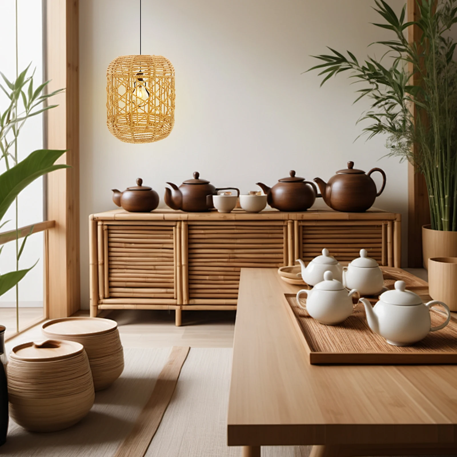 

Imitation Rattan Chandelier Pastoral Style Hanging Light Cover Woven Pendant Lampshade Vintage Table Lamp Shade Large Dining