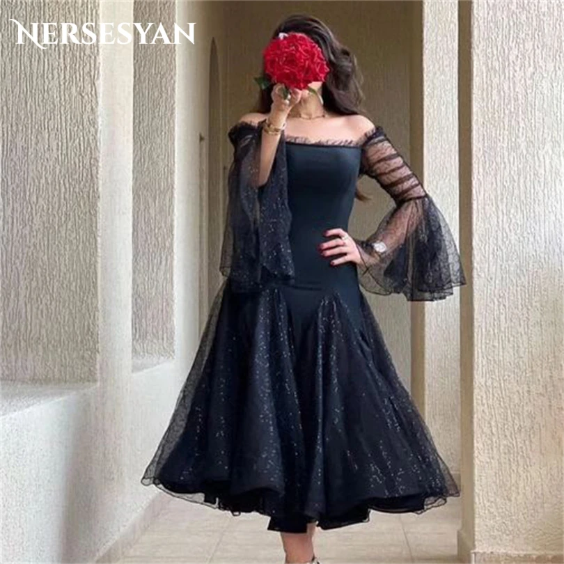 

Nersesyan Modern Black Prom Dress Tulle Lace Long Sleeves Formal Evening Dresses A Line Pleated Saudi Arabia Sexy Party Gowns