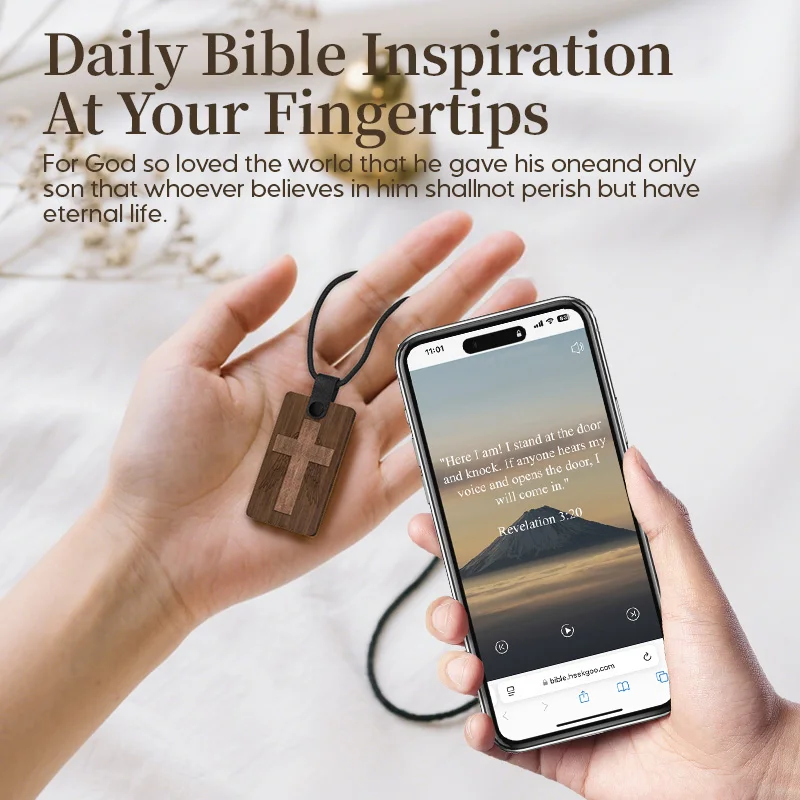 NFC Bible Necklace Cross Necklace Tap to Display Daily Bible Verse Wooden Faith Necklace Christian Daily Bible Verse