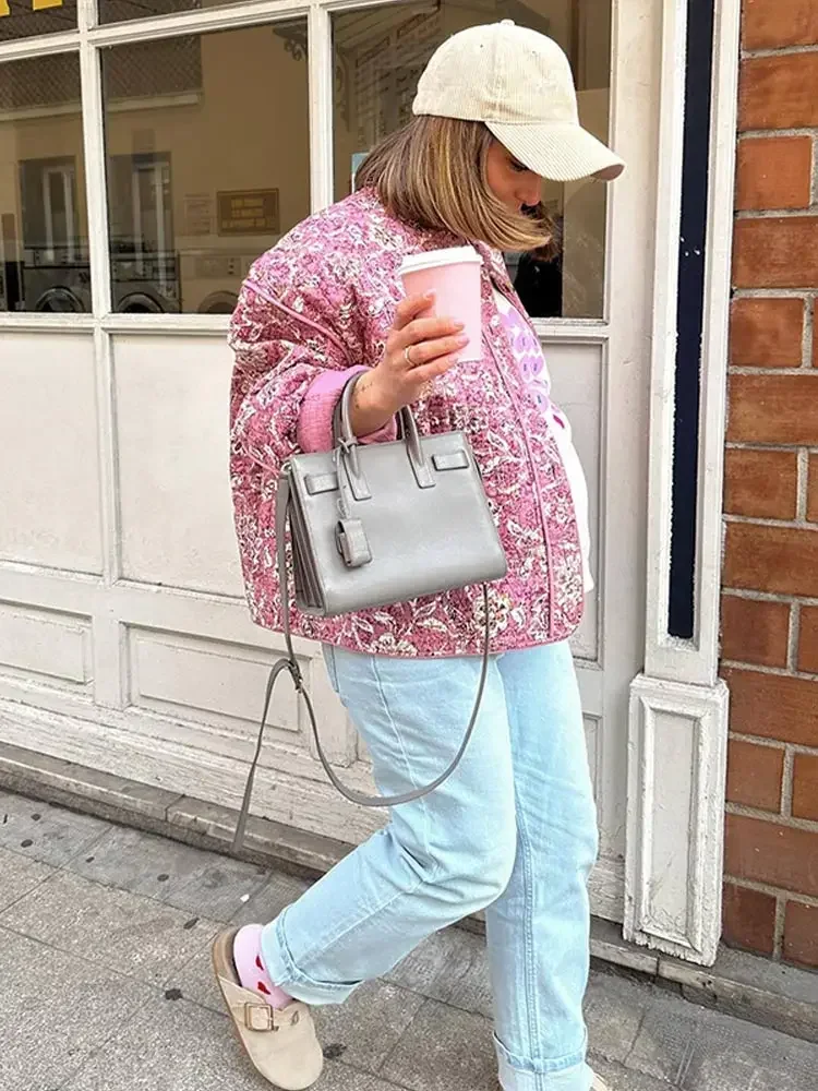 Chaqueta acolchada con estampado de flores para mujer, abrigo cálido de una sola botonadura con cuello redondo, ropa de calle elegante para primavera e invierno