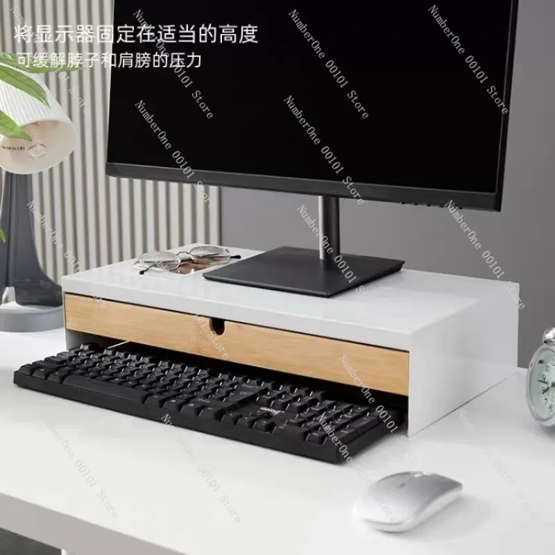 Office Desktop Monitor Stand Riser Computer Screen Elevated Shelf Organizer Display Base with Drawer Storage Keyboard Holder