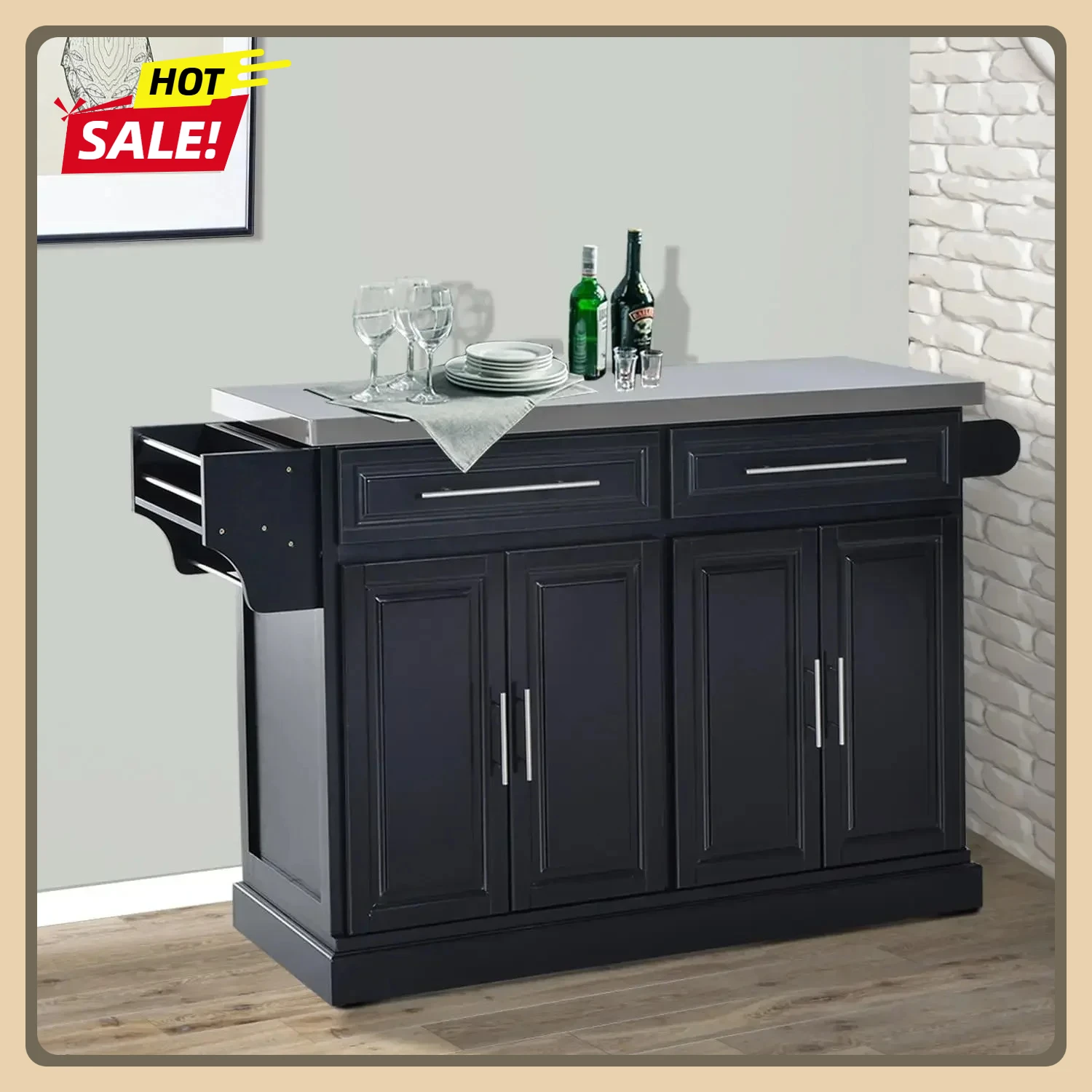 جزيرة مطبخ دوارة مع مساحة تخزين، عربة مطبخ محمولة مع سطح من الفولاذ المقاوم للصدأ، رف توابل ومنشفة، أسود، درجين