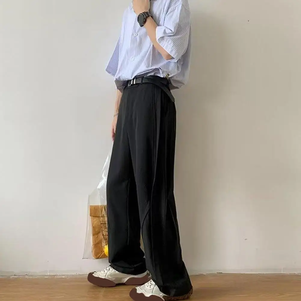 Men Suit Pants Straight Wide Leg Loose Mid Waist Pockets Deep Crotch Retro American Style Button Zipper Closure Formal Business