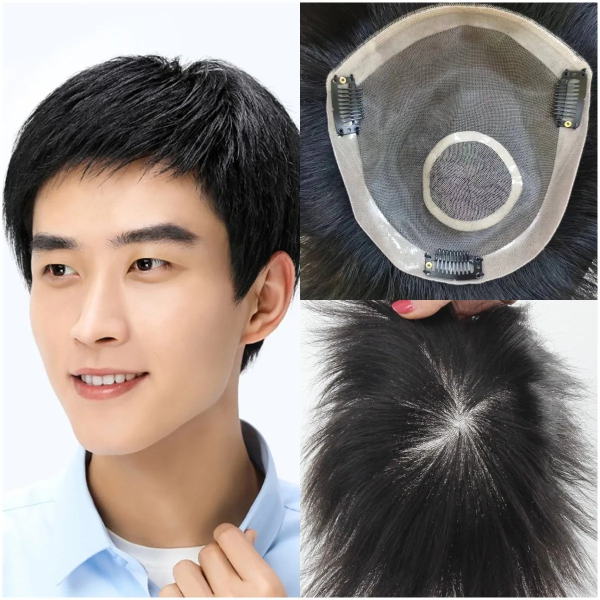 Male Hair Prosthesis Toupee Human Hair Topper Natural Hairline Wigs With Clips Skin Poly Men Toupee Real Hair Replacement System