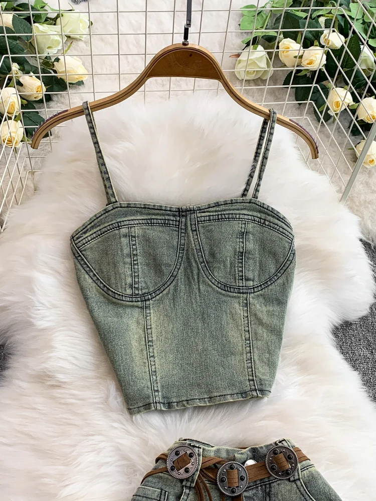 American Retro ort Denim Strap Weste Spitze Hohe Taille Schlank Spleißen f-länge Rock Zwei-stück Set frauen faion Ensemble