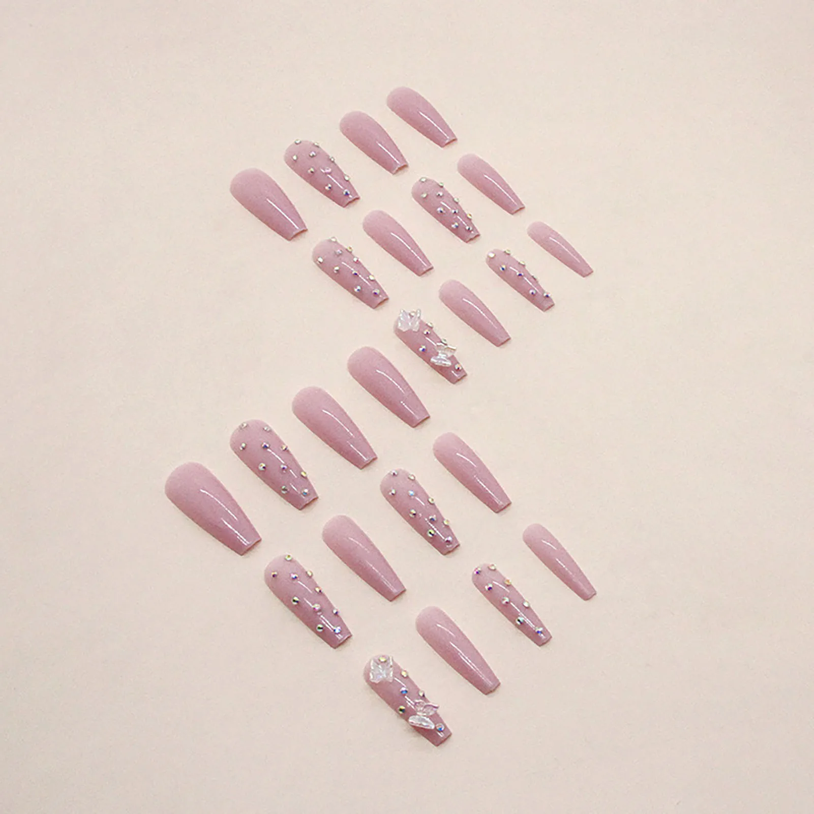 Long Ballerina Glossy Press-on Nail Easy Removal False Nail with Rhinestones for Nail Art Manicure Decoration