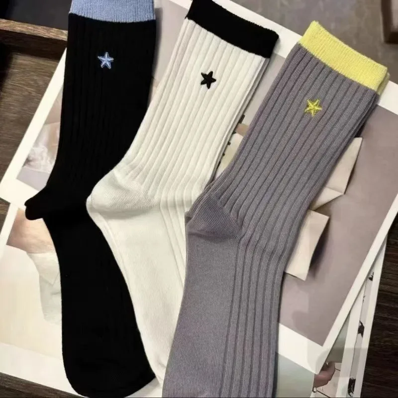 

3 Pairs Little Star Color Blocked Sweat Absorbing Breathable Socks for Women in Early Autumn Comfortable Versatile Mid Tube Sock