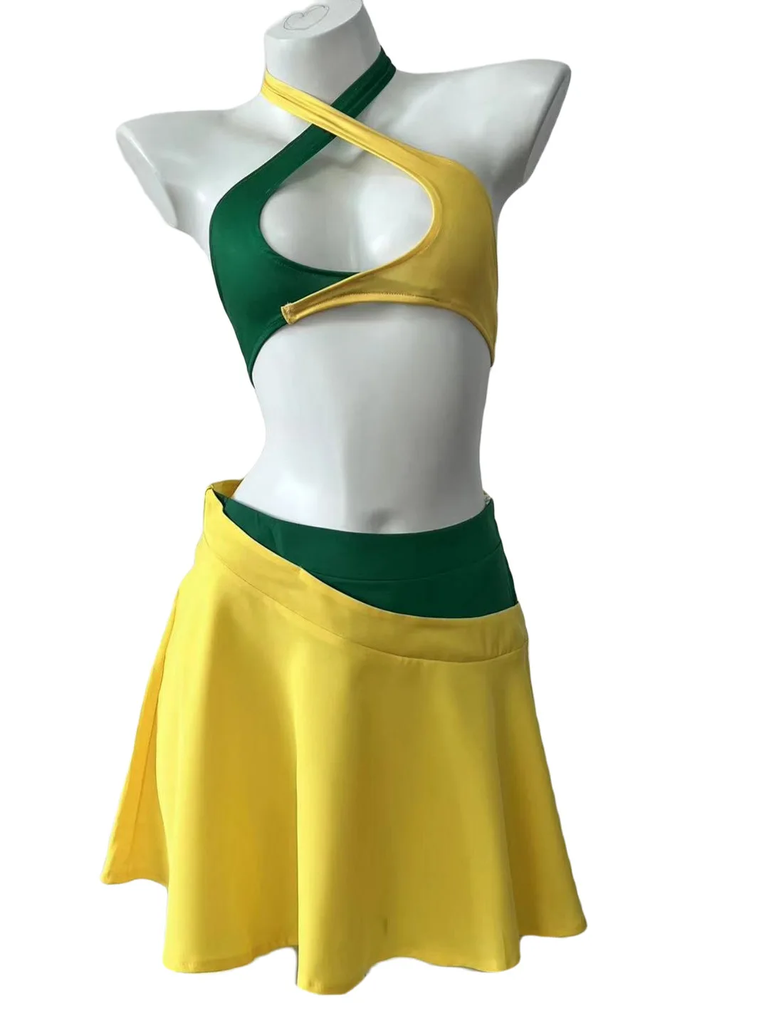 Giallo verde Patchwork Mini abito donna Sexy Cross Neck Hanging Hollow Dress elegante Cheerleading Dance Dress coreano top NZC8