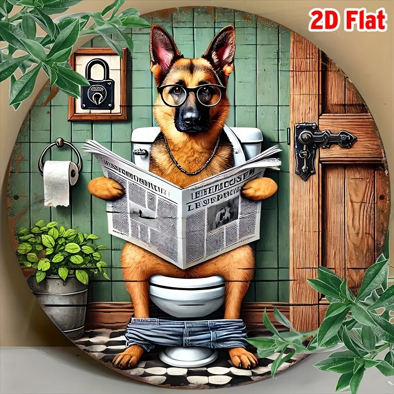 2D, 1 piece. An amusing dog is holding a pair of glasses and reading a newspaper on the toilet - dog pattern wall decoration