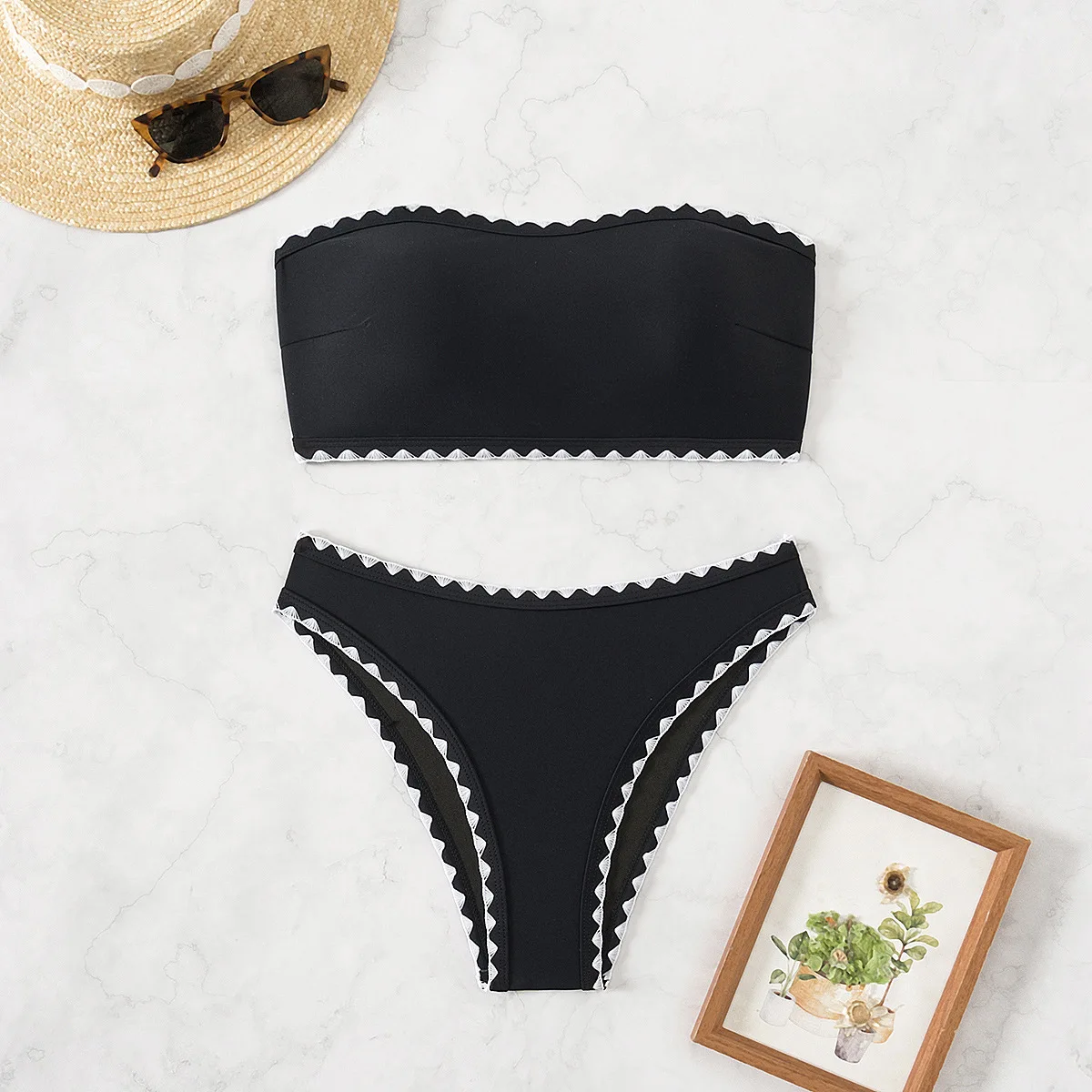 Sexy preto branco retalhos bandeau bikinis define duas peças acolchoadas tanga roupa de banho feminina maiô biquini tankini