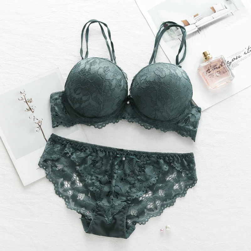 Women's Green Lace Bra Briefs Set With Steel Ring Gather Bra Sexy Push Up Bralette Hallow Out Underwear Seamless Women Bra Set