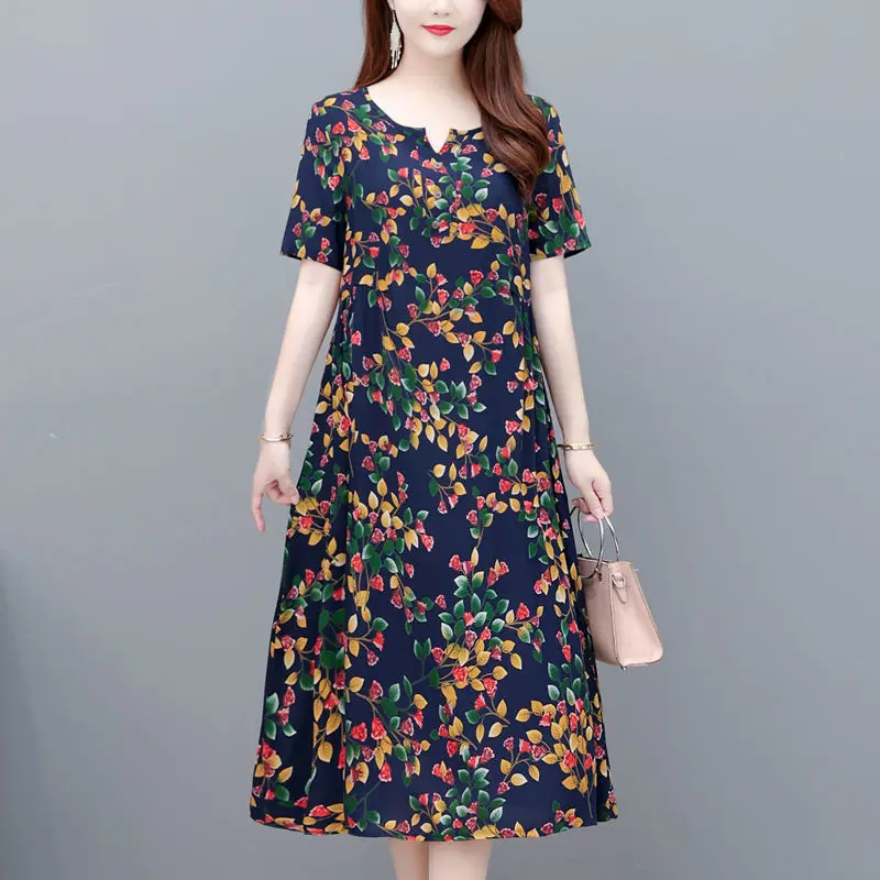 Summer Comfortable Knee-length Short Sleeve Women's Clothing Summer Printing Pullovers Korean Ladies Fashion Office Lady Dresses