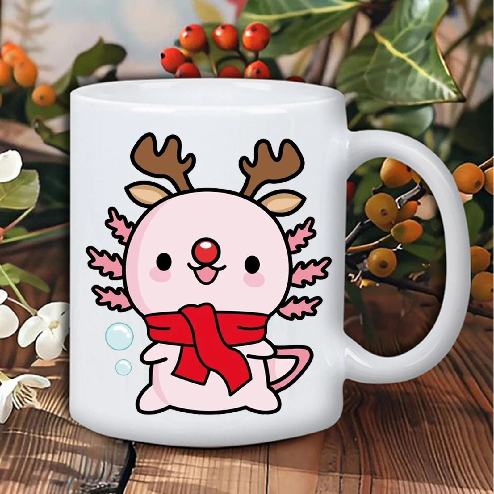Cross-border cute pink and white reindeer ceramic cup with red scarf and antlers, hand-painted glossy appearance