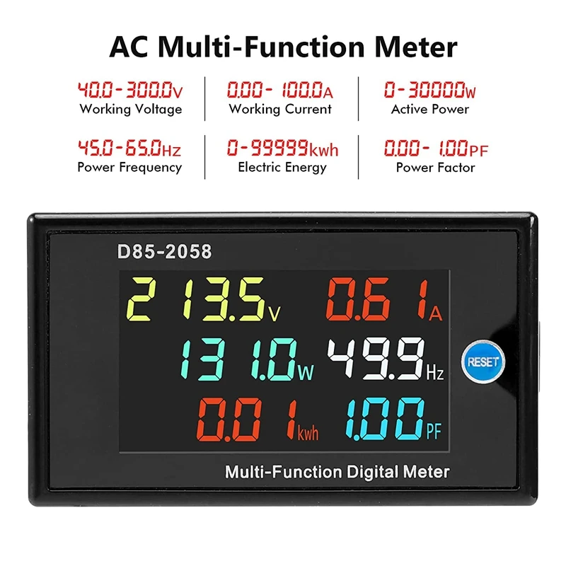 AC Digital Multimeter, 40-300V 100A 110V/220V Voltage Current Power Factor Frequency Electric Energy Monitor