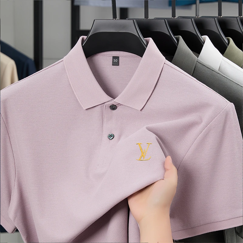 الفاخرة جودة الرجال قميص بولو التلبيب تي شيرتات قصيرة الاكمام الصيف جديد بلون التطريز بسيط موضة الأعمال ملابس رجالية