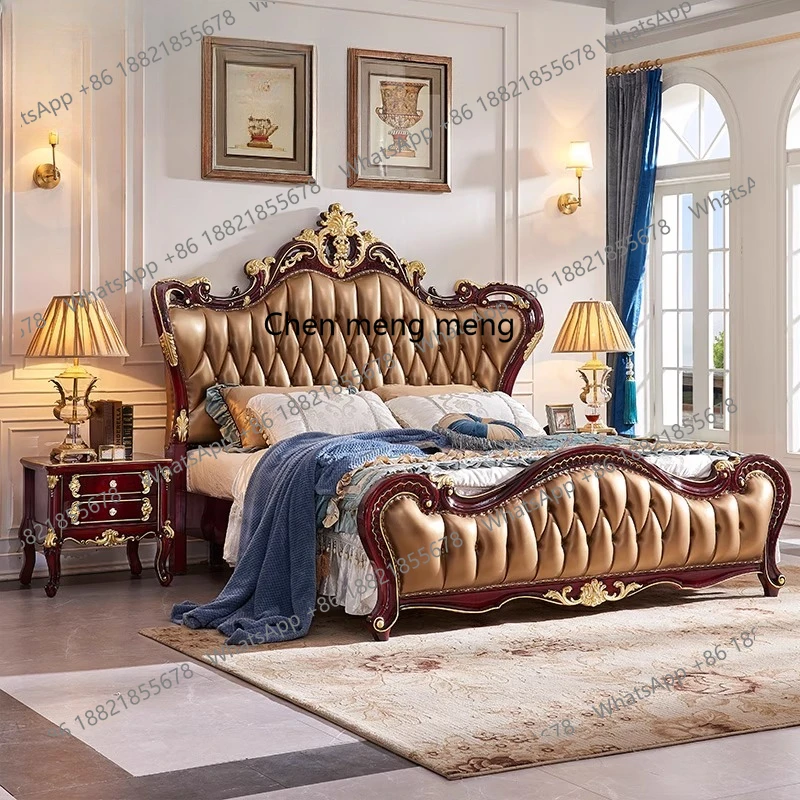 

European solid wood bed 1.8M first-layer cowhide double wedding bed master bedroom luxury villa red sandalwood furniture