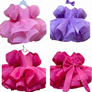 Robe de luxe à fleurs pour filles, vêtements de fête à manches bulles, Rose rouge, jolies robes d'anniversaire pour enfants, robes de mariée, vêtements de spectacle