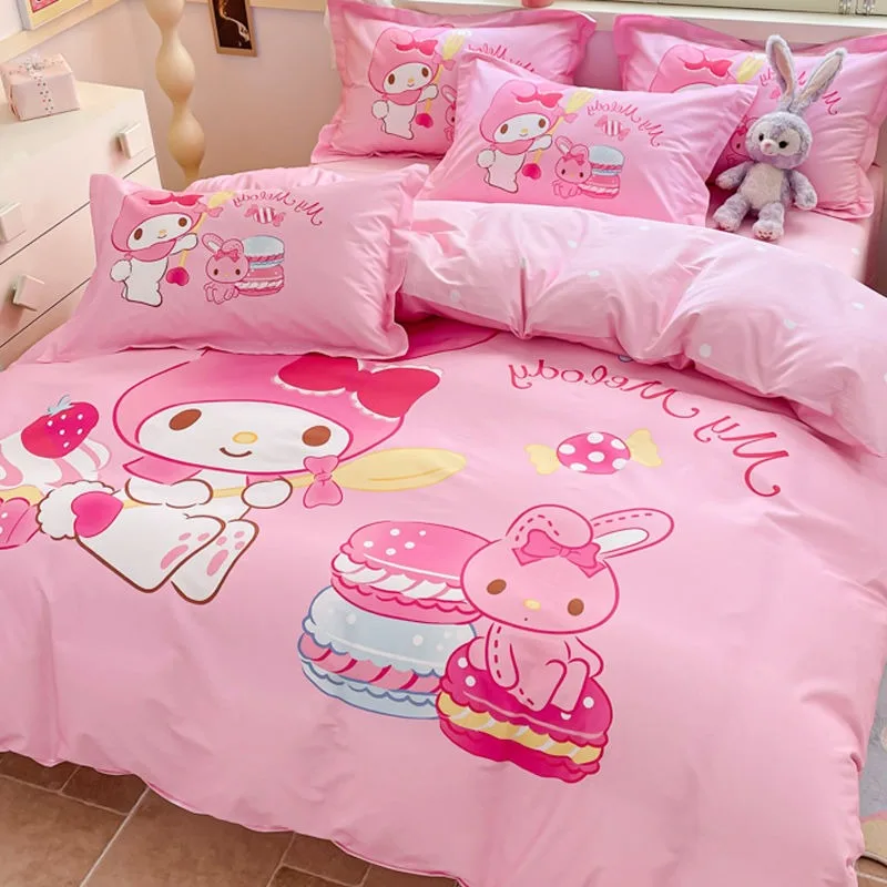 Кровать с рисунком Hello Kitty Kuromi Pochacco, комплект из четырех предметов из чистого хлопка, пододеяльник для студенческого общежития, простыня, комплект из трех предметов