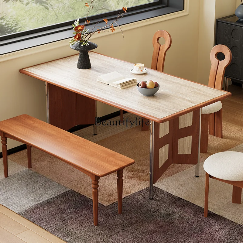 

01 French retro rock slab dining table rectangular solid wood home dining table travertine light luxury high sense