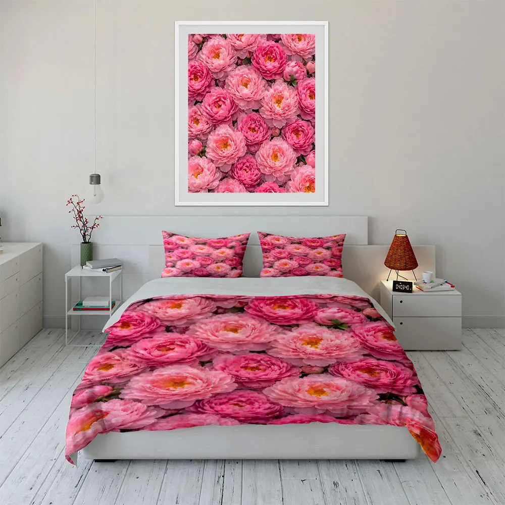 Blooming Pink Peony Flowers Print Soft Comfortable Duvet Cover Bedding Set Included 1*Duvet Cover  2*Pillowcases Luxury Gift