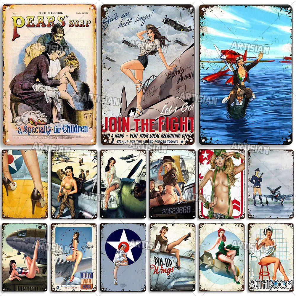 Air Force Girl Metal Tin Sign Wall Plate Pin Up Girl Bathroom Metal Poster Vintage Metal Plaque Bar Home Club Industrial Decor