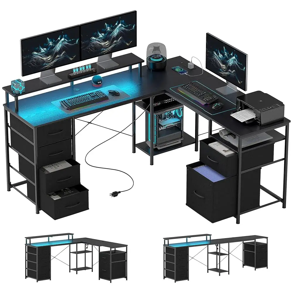 Bureau de jeu en forme de L de 66", réversible, bureau d'ordinateur pour 2 personnes de 105 pouces avec classeur et tiroirs en tissu, prises de courant et LED