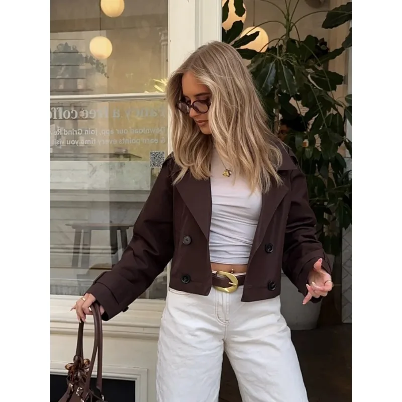 

New women's clothing in autumn and winter, fashionable coffee-colored short double-placket high-end trench coat