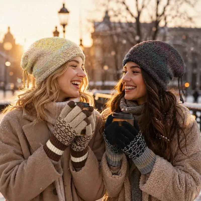 2pcs Winter Hat And Touchscreen Gloves Set Soft Thick Warm Beanie Adjustable Drawstring Elastic Outfit for Women Daily Travel
