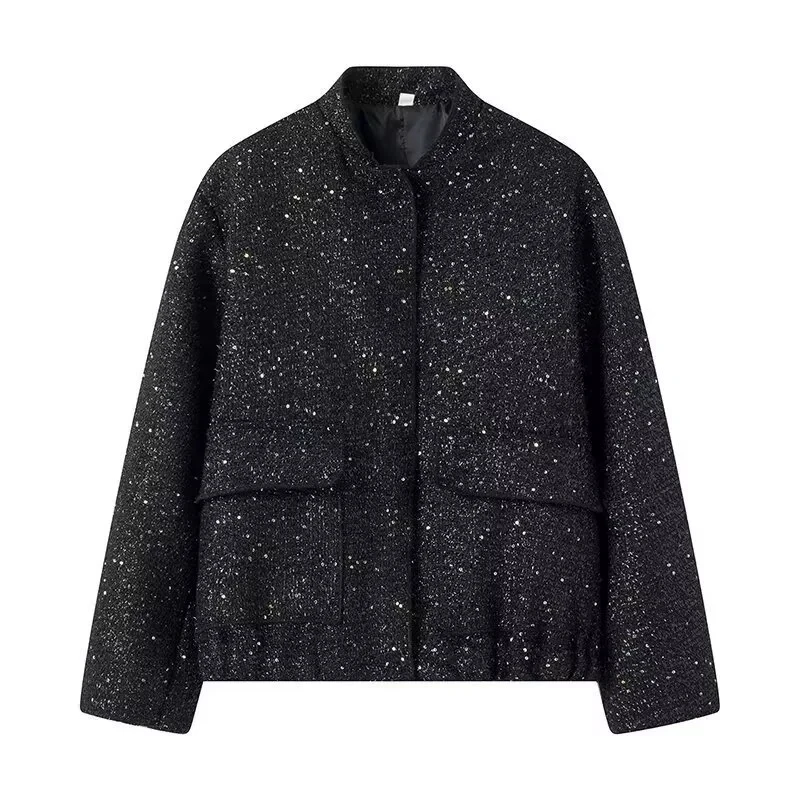 

2025 Autumn Winter Women's Shiny Gold Sequin Jacket Y2k Fall O Neck Stand Collar Long Sleeve Short Coat Ladies High Streetwear