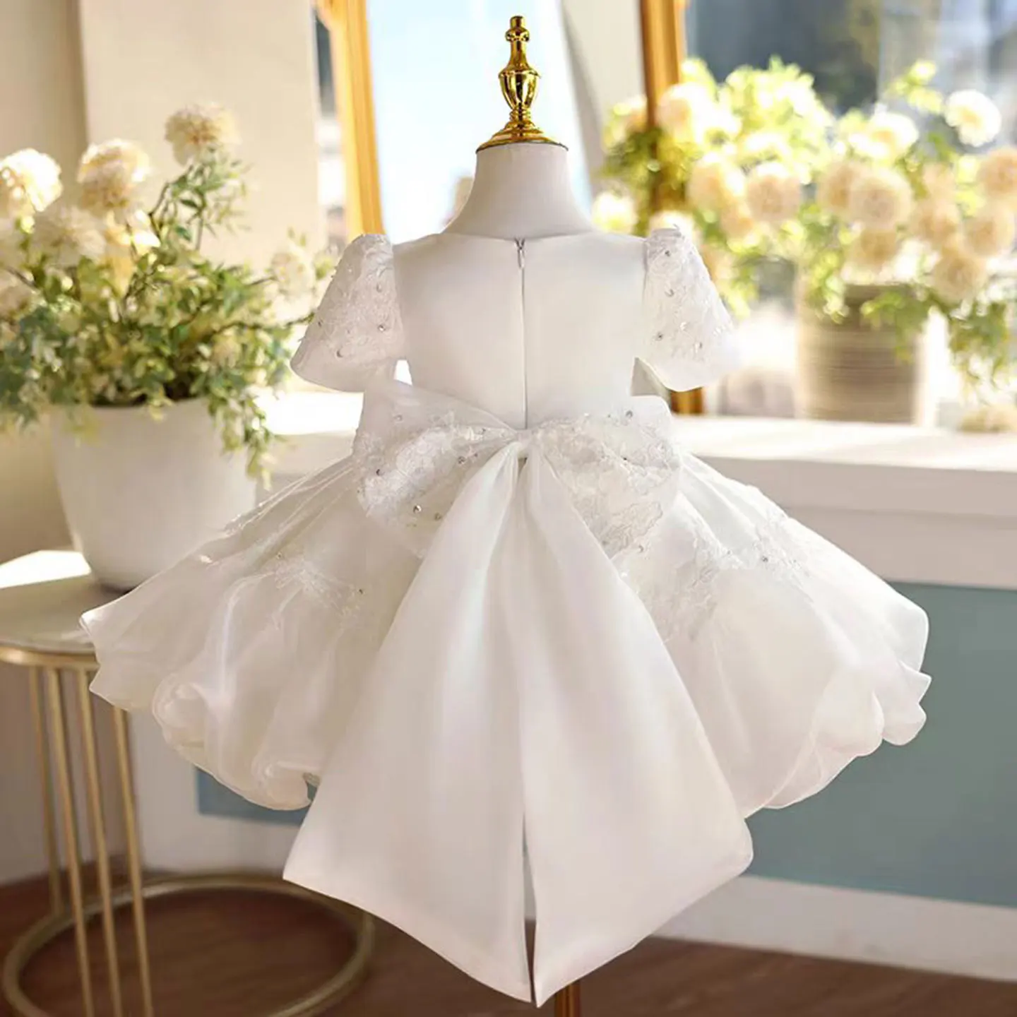 Jill Wish J455 White Children Satin Puffy Flower Girl Dress Knee Length Princess Baby Wedding 1st Birthday Party Holiday Gown