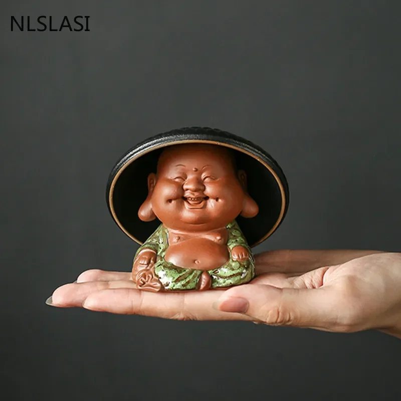 Creativity Purple Clay Tea Pet with Tea Strainer Monk Buddha Figurine Ornaments Handmade Crafts Tea Set Decoration Accessories