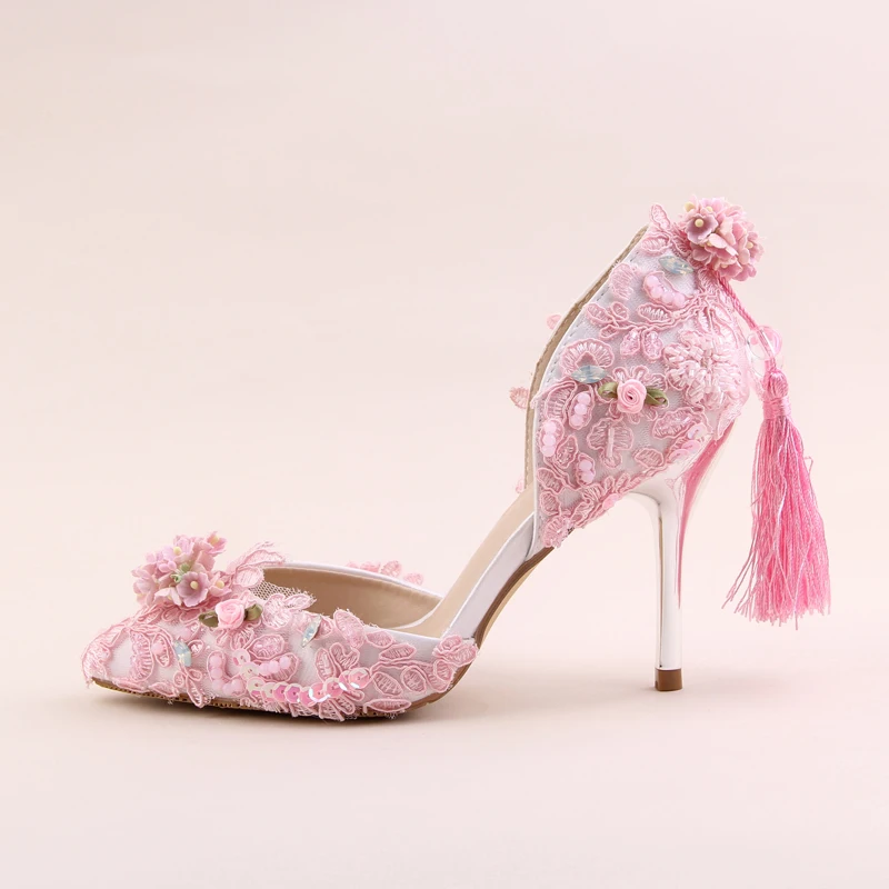 

Sweet Lolita Pink Lace Flower Wedding Shoes Pointed Toe Slip-on Tassel Stiletto High Heels Bride Dress Pumps Women Party Sandals