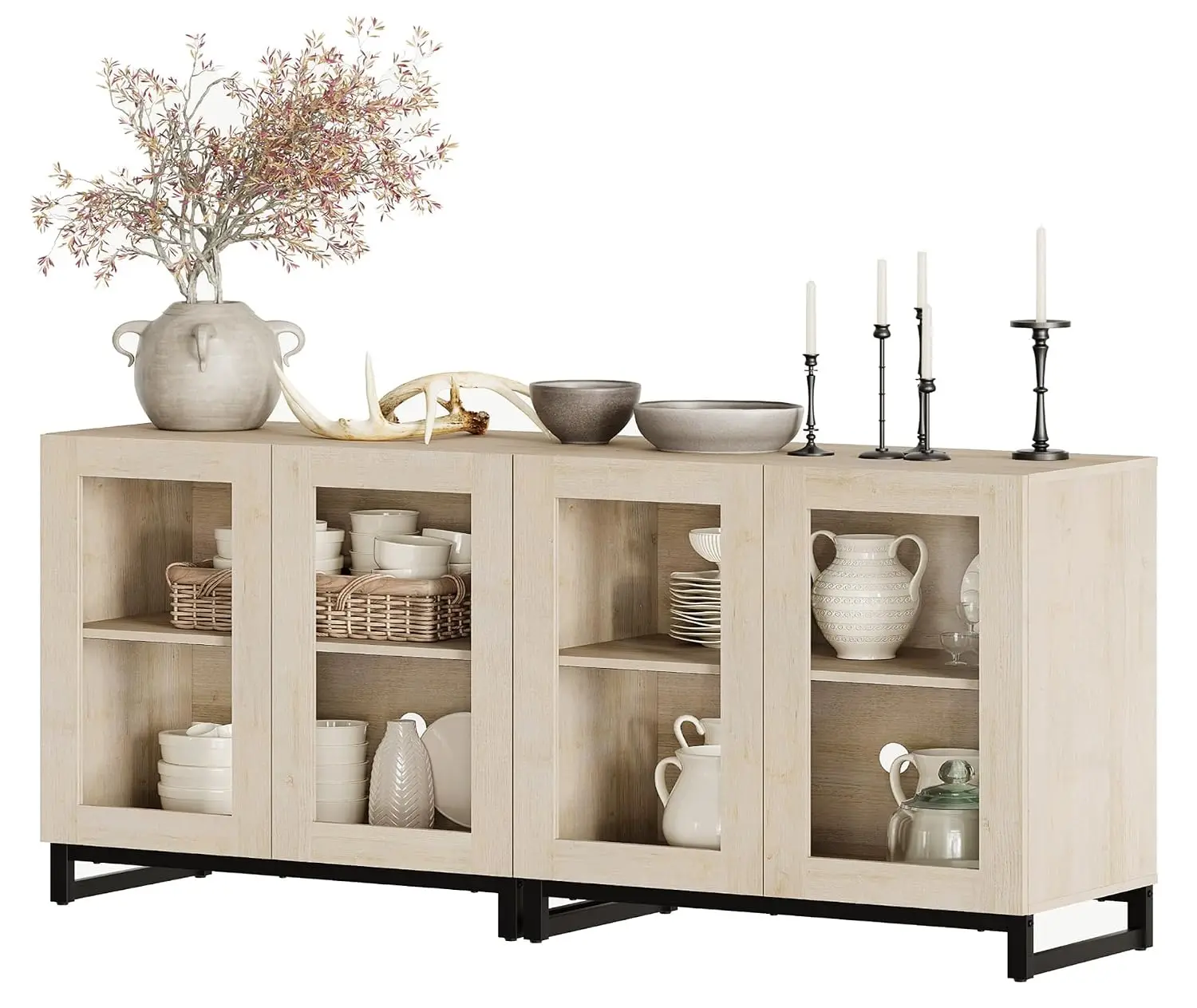 Modern Sideboard with Adjustable Shelf & Metal Base, Storage Cabinet for Living Room & Kitchen, Beige, 2 Pcs, Customized