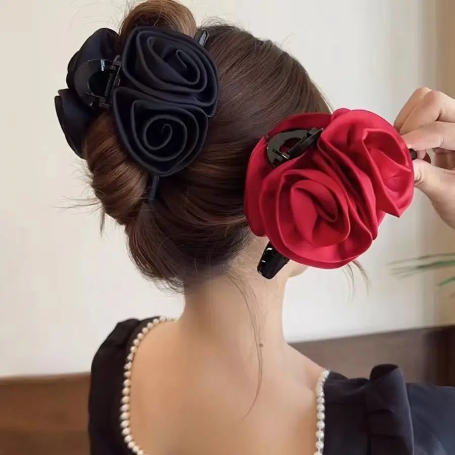 

Korean Hair Accessories Luxury Satin Rose Flower Hair Claw - Elegant Women's Premium Floral Sophisticated Claw Clip