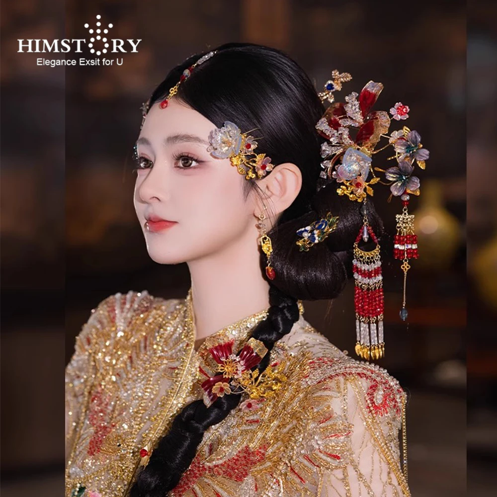 

HIMSTORY Chinese Vintage Style Handmade Hairpin Set Ethnic Red Exquisite Flowers Wedding Costume Xiuhe Hair Accessories