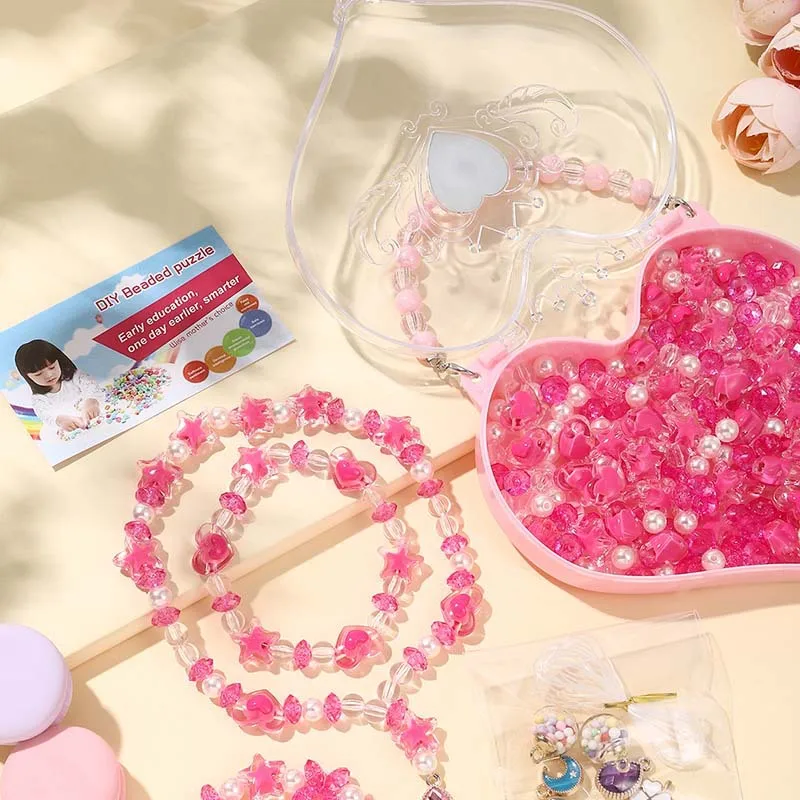 Neue rosa Mädchen handgemachte DIY Perlen Spielzeug süße herzförmige Schmuckschatulle Kinder Halskette Armband Spielzeug Set Geburtstagsgeschenke