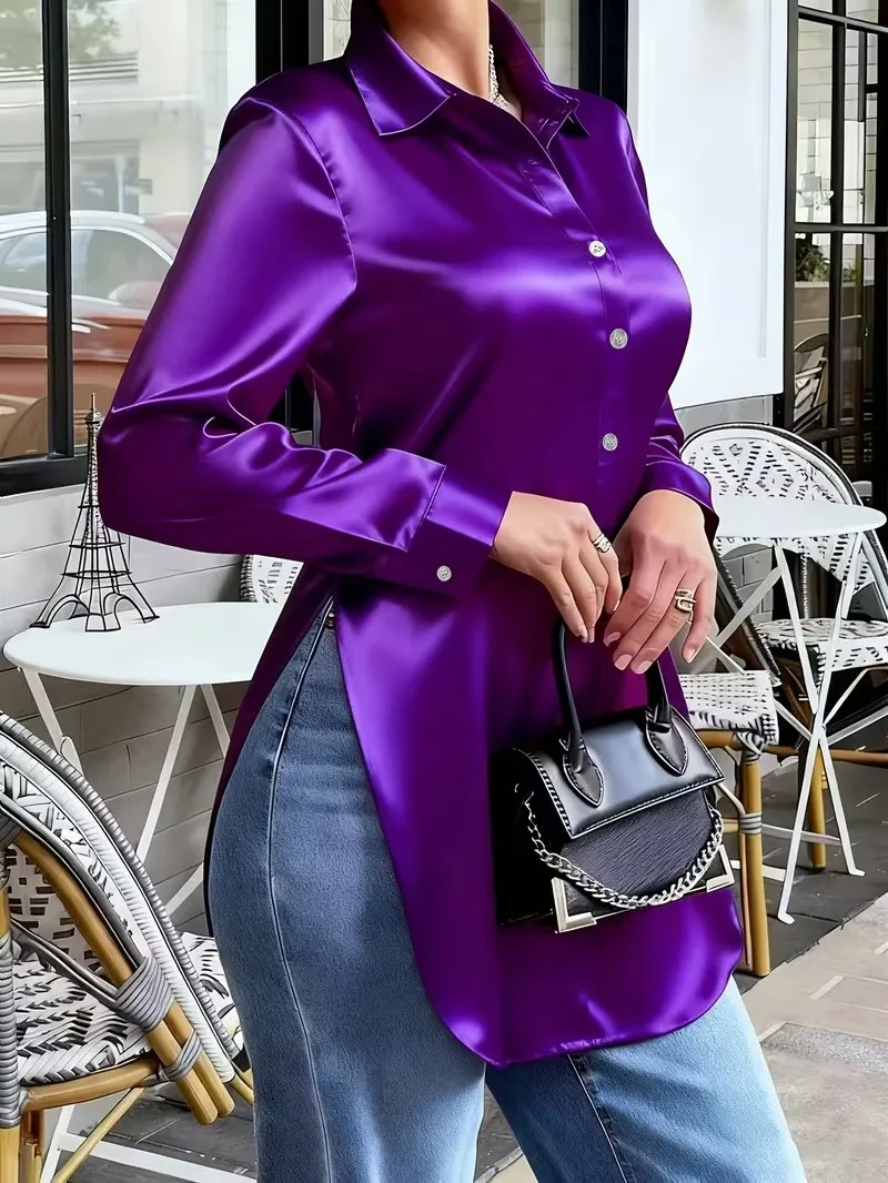   Camisa de satén para mujer: blusa de manga larga con botones y brillo elegante, top informal y elegante de oficina