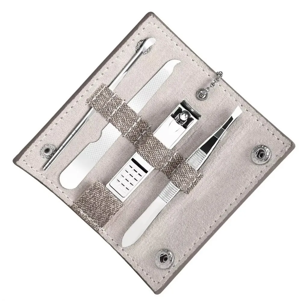 Travel 4 in 1 Nail Clipper Kit Mini PU Leather Case Manicure Tools Set Ear Spoon Stainless Steel Eyebrow Trimming Tool