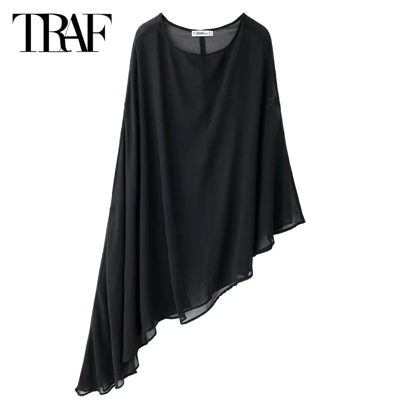 TRAF 2024 Translucent Asymmetric Capes Women Autumn Women's Poncho Black O-Neck Long Chiffon Coat Woman Party Chic Elegant Cloak