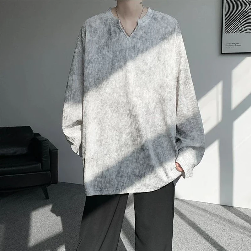 Men Textured Tie Dye V Neck Long Sleeve T-Shirt Plus Size Loose Autumn Casual Bottoming Tops Unisex Streetwear Fashion Pullover