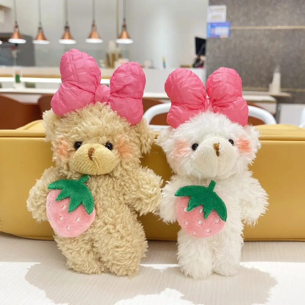 Creative Soft Bear Plush Keychain Cartoon Bowknot Strawberry Bear Doll Plush Stuffed Toys Bow Bear Pendant Birthday Gift