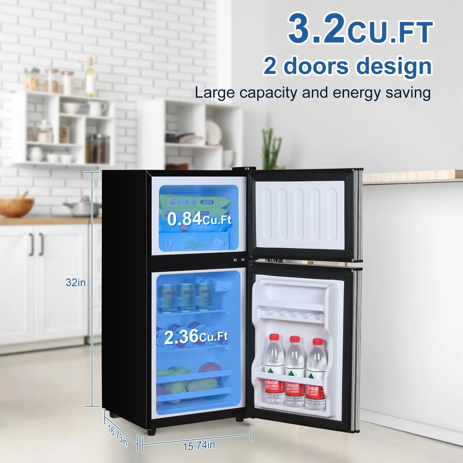 Mini Fridge with Freezer, 3.2 cuft Small Refrigerator, Energy Saving, Low Noise, Double Door Compact Refrigerator for Dorm