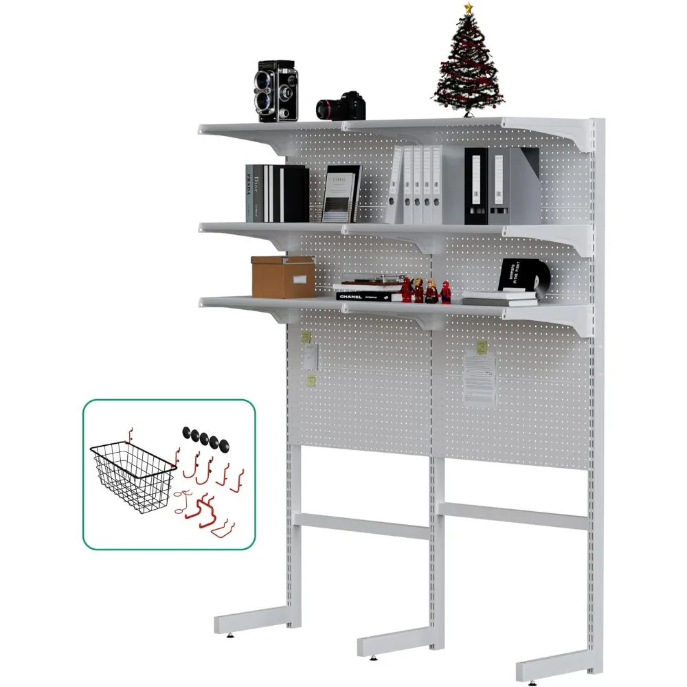 

Standing Shelf Unit, White Home Office Garage cabinets with Metal Pegboard and 15 Pieces Organizer Tool Holders